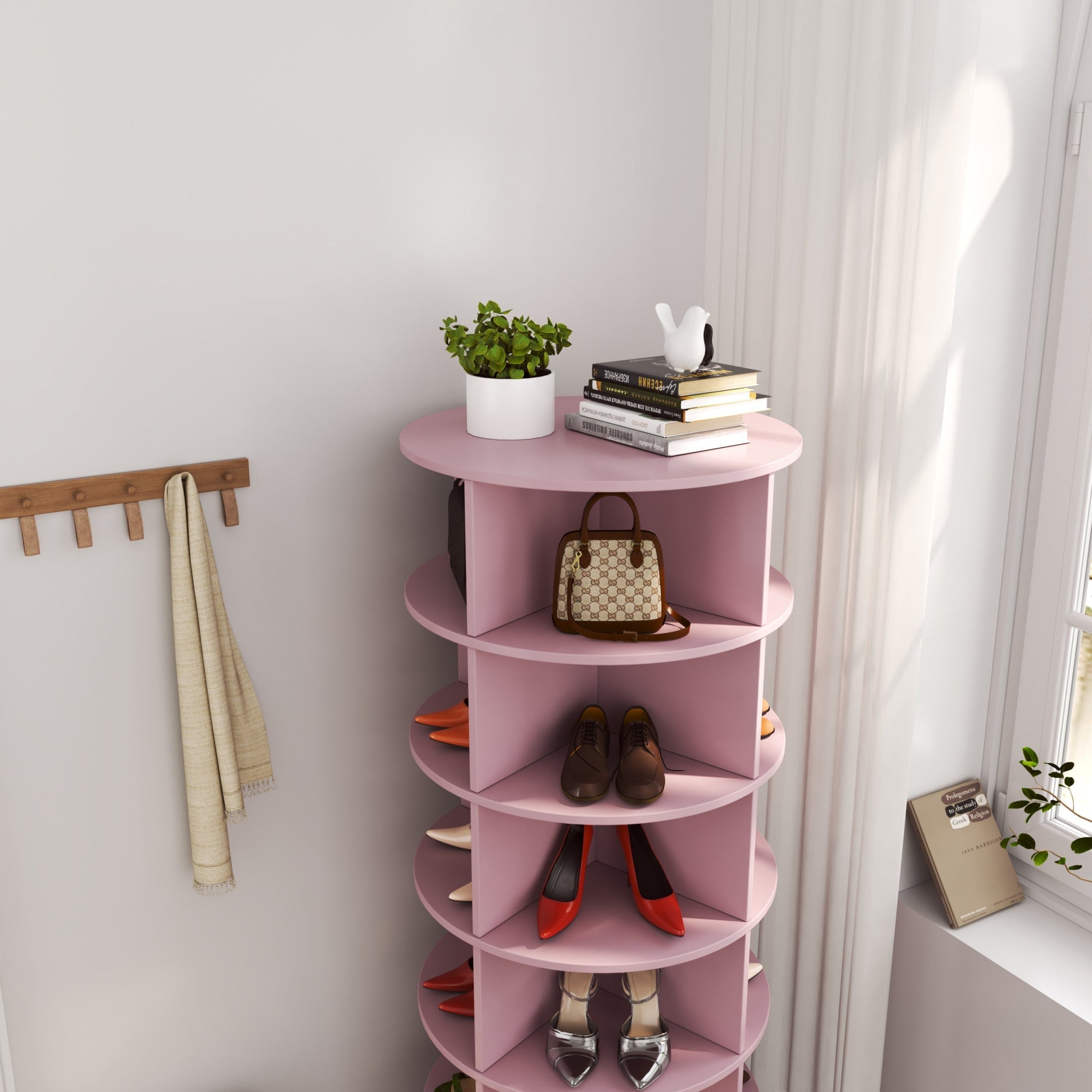 Pink 360 Rotating Shoe Cabinet 6 Layers Pink Plywood